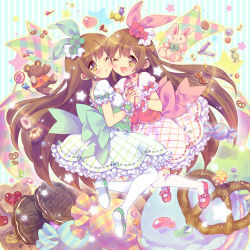 Rule 34 | 2girls, ;d, album cover, bow, brown hair, candy, cheek-to-cheek, choker, commentary request, cookie, cover, doughnut, dress, dual persona, earrings, ech, flower, food, hair flower, hair ornament, hair ribbon, heads together, heart, holding hands, indie utaite, interlocked fingers, jelly bean, jewelry, lollipop, long hair, looking at viewer, mary janes, multiple girls, nanahira, one eye closed, open mouth, oreo, original, over-kneehighs, pretzel, puffy short sleeves, puffy sleeves, ribbon, sash, shoes, short sleeves, smile, star (symbol), striped, striped background, stuffed animal, stuffed rabbit, stuffed toy, teddy bear, thighhighs, vertical stripes, very long hair, white legwear