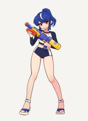 Rule 34 | 1girl, blue hair, blue shorts, brown eyes, chinese commentary, commentary request, full body, highres, holding, holding water gun, long hair, long sleeves, looking at viewer, meowzng, midriff, multicolored hair, original, ponytail, sandals, shirt, shorts, simple background, smile, solo, standing, streaked hair, water gun, white background