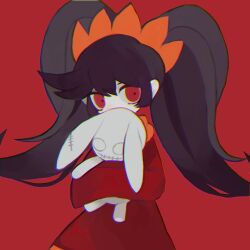 Rule 34 | 1girl, absurdres, ashley (warioware), big hair, black hair, chromatic aberration, covered mouth, dress, eyelashes, hair between eyes, hairband, highres, holding, holding stuffed toy, htn nm, long hair, long sleeves, nintendo, orange hairband, red background, red dress, red eyes, ringed eyes, simple background, solo, stitches, stuffed animal, stuffed rabbit, stuffed toy, twintails, warioware