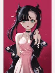 Rule 34 | 1girl, absurdres, asymmetrical bangs, bad id, bad twitter id, bare shoulders, black hair, black jacket, breasts, choker, cleavage, collarbone, creatures (company), dress, game freak, green eyes, hair ribbon, highres, jacket, long hair, long sleeves, looking at viewer, marnie (pokemon), nintendo, off shoulder, open clothes, open jacket, parted lips, pink dress, pokemon, pokemon swsh, ribbon, sleeveless, sleeveless dress, small breasts, solo, twintails, upper body, yuka865