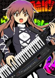 Rule 34 | 1girl, bad id, bad pixiv id, brown eyes, brown hair, female focus, gradient hair, hijiri byakuren, instrument, keyboard (instrument), keytar, kisaragi zwei, long hair, multicolored hair, open mouth, purple hair, roland (company), roland ax-synth, shirt, solo, sorcerer&#039;s sutra scroll, taut clothes, taut shirt, touhou