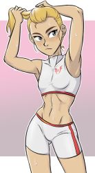Rule 34 | 1girl, abs, adjusting hair, adora (she-ra), adora (she-ra) (princesses of power), armpits, arms behind head, arms up, bike shorts, blonde hair, blue eyes, breasts, centinel303, closed mouth, commentary, contrapposto, cowboy shot, crop top, english commentary, frown, hair pulled back, leaning to the side, letterboxed, looking at viewer, masters of the universe, medium hair, navel, pink background, ponytail, print shirt, ribs, she-ra and the princesses of power, shirt, shorts, single vertical stripe, sleeveless, sleeveless shirt, small breasts, solo, standing, sweat, thighs, white shirt, white shorts