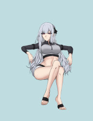 Rule 34 | 1girl, absurdres, ak-12 (age of slushies) (girls&#039; frontline), ak-12 (girls&#039; frontline), bare legs, barefoot, blue background, breasts, closed mouth, commentary, crossed legs, defy (girls&#039; frontline), english commentary, feet, full body, girls&#039; frontline, hair ribbon, highres, legs, long hair, long sleeves, looking at viewer, matsu arts, medium breasts, navel, official alternate costume, on floor, purple eyes, ribbon, simple background, sitting, solo, sports bikini, sports swimsuit, thighs, toes, white hair