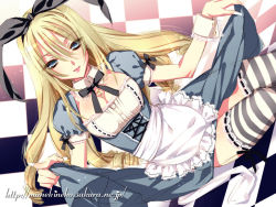 Rule 34 | 1girl, :p, alice (alice in wonderland), alice in wonderland, apron, blonde hair, blue eyes, bow, clothes lift, drill hair, fingernails, hair bow, jewelry, kamiya maneki, long fingernails, long hair, looking at viewer, original, pendant, pointing, skirt, skirt lift, solo, striped clothes, striped thighhighs, thighhighs, tongue, tongue out, waist apron, wallpaper, watermark, web address, zettai ryouiki
