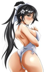 Rule 34 | 1girl, ass, azur lane, black hair, blush, breasts, covered erect nipples, female focus, flower, from behind, hair ornament, hair ribbon, large breasts, long hair, looking at viewer, looking back, one-piece swimsuit, ponytail, ribbon, simple background, solo, standing, swimsuit, takao (azur lane), white background, white one-piece swimsuit, yamada (fanfantaisa), yellow eyes