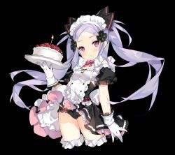 Rule 34 | 1girl, apron, black panties, bow, cake, candle, dress, food, forehead, fruit, gloves, hair bow, hair ornament, head tilt, maid, maid apron, maid headdress, panties, parted bangs, plate, purple eyes, purple hair, saru, solo, strawberry, tray, twintails, underwear, virtual youtuber, white gloves