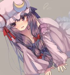 Rule 34 | 1girl, all fours, blush, bow, breasts, cleavage, crescent, crying, crying with eyes open, dress, dutch angle, flying teardrops, grey background, hair bow, hair ornament, hat, hat ribbon, highres, long hair, long sleeves, looking at viewer, medium breasts, mob cap, off shoulder, one-hour drawing challenge, open mouth, patchouli knowledge, purple hair, ribbon, simple background, solo, tears, touhou, usamata