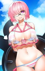 Rule 34 | 1girl, absurdres, arms behind back, beach, bikini, breasts, casul, cloud, cloudy sky, commentary, fate/grand order, fate (series), glasses, hair over one eye, highres, large breasts, lord camelot (fate), mash kyrielight, mash kyrielight (swimsuit of perpetual summer ver.02), navel, open mouth, pink hair, purple eyes, see-through, shield, sky, smile, striped bikini, striped clothes, swimsuit