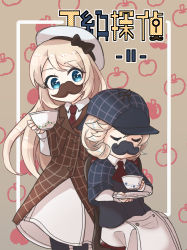 Rule 34 | 2girls, absurdres, ane hoshimaru, blonde hair, blue eyes, blue headwear, brown headwear, coat, commentary request, cover, cowboy shot, cup, deerstalker, detective, dress, fake facial hair, fake mustache, hat, highres, janus (kancolle), jervis (kancolle), kantai collection, long hair, multiple girls, short hair, sitting, standing, teacup, trench coat, white dress