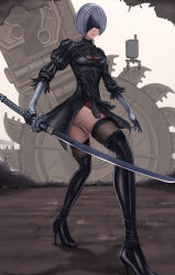 Rule 34 | 1girl, black blindfold, blindfold, boots, cleavage cutout, clothing cutout, covered eyes, expressionless, feather-trimmed sleeves, feather trim, hairband, high heels, highres, juliet sleeves, katana, long sleeves, mole, mole under mouth, nier:automata, nier (series), pod (nier:automata), puffy sleeves, ryoichi ry01, short hair, solo, sword, thighhighs, thighhighs under boots, virtuous contract, weapon, white hair, 2b (nier:automata)