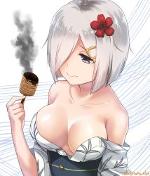 Rule 34 | 10s, 1girl, blue eyes, breasts, commentary request, corn, eko, female focus, flower, hair flower, hair ornament, hair over one eye, hairclip, hamakaze (kancolle), japanese clothes, kantai collection, kimono, large breasts, one-hour drawing challenge, sad, short hair, silver hair, solo, striped, striped background, twitter username, wavy mouth, yukata