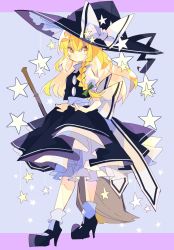 Rule 34 | 1girl, back bow, black footwear, black hat, black skirt, black vest, blonde hair, bobby socks, bow, braid, broom, buttons, commentary, frilled hat, frilled skirt, frills, full body, green bow, hair bow, hat, hat bow, high heels, highres, kirisame marisa, long hair, looking at viewer, nikorashi-ka, one-hour drawing challenge, puffy short sleeves, puffy sleeves, shirt, short sleeves, side braid, single braid, skirt, skirt hold, socks, solo, star (symbol), touhou, turtleneck, vest, white bow, white shirt, witch hat, yellow eyes