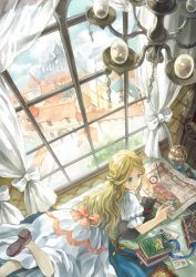 Rule 34 | 1girl, black cat, blonde hair, blue eyes, blue sky, book, book stack, braid, castle, cat, chandelier, clock, clock tower, cloud, com kom, curtains, day, dress, dutch angle, french braid, from above, indoors, jar, long hair, looking to the side, lying, map, on bed, on stomach, original, pointing, puffy short sleeves, puffy sleeves, ribbon, shoes, short sleeves, sky, smile, solo, tower, town, white dress, window