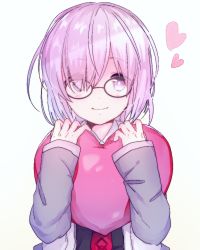 Rule 34 | 1girl, bad id, bad pixiv id, black-framed eyewear, clip studio paint (medium), commentary request, fate/grand order, fate (series), glasses, hair over one eye, heart, heart-shaped pillow, highres, long sleeves, looking at viewer, mash kyrielight, pillow, purple eyes, purple hair, short hair, simple background, smile, sofra, solo, upper body, white background