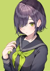 Rule 34 | 1girl, absurdres, black hair, black serafuku, black shirt, breasts, closed mouth, commentary request, expressionless, green background, green eyes, green neckerchief, green theme, hair over one eye, hand up, highres, long sleeves, looking at viewer, neckerchief, original, sailor collar, school uniform, serafuku, shirt, short hair, sidelocks, simple background, small breasts, solo, usamochi.