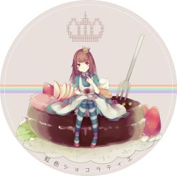 Rule 34 | 1girl, :t, bad id, bad pixiv id, brown eyes, brown hair, cake, crown, dress, eating, food, fork, fruit, itamidome, long hair, macaron, original, oversized object, pantyhose, pinstripe pattern, sitting, solo, strawberry, striped clothes, striped pantyhose