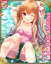 Rule 34 | 1girl, ;d, asahina momoko, bare legs, barefoot, blush, bow, breasts, brown hair, brown jacket, card (medium), character name, cleavage, collarbone, day, feet, female focus, foot focus, girlfriend (kari), green skirt, hair between eyes, in water, jacket, legs, long hair, looking at viewer, medium breasts, no shoes, no socks, official art, one eye closed, one side up, open mouth, outdoors, pink bow, pink shirt, presenting, presenting foot, qp:flapper, red eyes, river, shirt, side ponytail, sitting, skirt, smile, soles, solo, thighs, toes, water, wet, wet clothes, wet feet, wet shirt, wet skirt