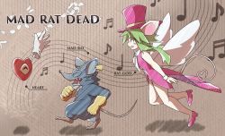 Rule 34 | 1girl, 2boys, animal ears, blush stickers, breasts, ear tag, gloves, green hair, hat, heart, heart (mad rat dead), heart tail, highres, leotard, mad rat, mad rat dead, mouse (animal), mouse ears, mouse girl, mouse tail, multiple boys, musical note, nippon ichi, partition, rat god, stitches, tail, tie clip, top hat, wings, wrist cuffs
