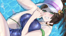 Rule 34 | 1girl, absurdres, animal ears, armband, bare legs, bare shoulders, blue one-piece swimsuit, breasts, breasts squeezed together, brown hair, choker, cleavage, collarbone, covered navel, diagonal bangs, freckles, from side, green eyes, grin, highres, horse ears, horse girl, ines fujin (umamusume), large breasts, light blush, long hair, looking at viewer, lying, natu atusugi, on side, one-piece swimsuit, own hands together, partially submerged, side ponytail, skindentation, smile, solo, swimsuit, thigh strap, umamusume, visor cap, water, wet