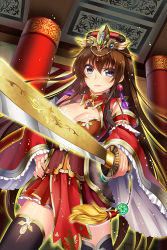 Rule 34 | &gt;:/, 1girl, :/, bad id, bad pixiv id, black eyes, breasts, brown hair, brown thighhighs, character request, cleavage, cleavage cutout, clothing cutout, copyright request, detached sleeves, earrings, glowing, glowing sword, glowing weapon, hair ornament, hand on own hip, jewelry, long hair, looking at viewer, medium breasts, mvv, pelvic curtain, solo, sword, tassel, thighhighs, v-shaped eyebrows, very long hair, weapon, wide sleeves