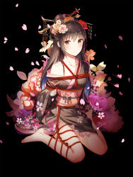 Rule 34 | 1girl, arms behind back, barefoot, bdsm, black background, black hair, bondage, bound, bound wrists, cherry blossoms, floral background, flower, hair flower, hair ornament, hairpin, highres, japanese clothes, kimono, long hair, original, red eyes, rope, shibari, solo, x-red flower
