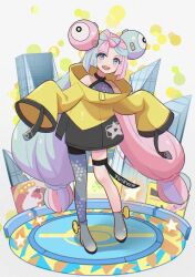 Rule 34 | 1girl, :d, aqua hair, bare shoulders, bow-shaped hair, character hair ornament, creatures (company), eyelashes, full body, game freak, grey pantyhose, hair ornament, iono (pokemon), jacket, long hair, long sleeves, looking at viewer, mizuiro123, multicolored hair, nintendo, open mouth, pantyhose, pink eyes, pink hair, pokemon, pokemon sv, sharp teeth, single leg pantyhose, sleeves past fingers, sleeves past wrists, smile, solo, standing, teeth, thigh strap, twintails, two-tone hair, upper teeth only, very long hair, wide sleeves, yellow jacket
