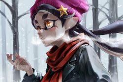 Rule 34 | + +, 1girl, beanie, black hair, black jacket, blush, breath, callie (splatoon), cephalopod eyes, cold, cross-shaped pupils, forest, hat, jacket, jajanome, long hair, long sleeves, mole, mole under eye, nature, nintendo, parted lips, pink headwear, pointy ears, red scarf, scarf, snow, splatoon (series), squid girl, star (symbol), symbol-shaped pupils, teeth, tentacle hair, tentacles, tree, twintails, wind, winter, yellow eyes