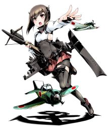 Rule 34 | 10s, 1girl, anti-aircraft, anti-aircraft gun, bike shorts, black thighhighs, blouse, boots, bow (weapon), brown eyes, brown hair, crossbow, flat chest, flight deck, full body, headband, headgear, holding, holding crossbow, holding weapon, kantai collection, makishima rin, mitsubishi a7m reppuu, open mouth, pleated skirt, shirt, short hair, skirt, smile, solo, taihou (kancolle), thigh boots, thighhighs, transparent background, weapon