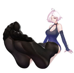 Rule 34 | 1girl, black legwear, blurry, breasts, cleavage, depth of field, dungeon and fighter, feet, female slayer (dungeon and fighter), highres, looking at viewer, medium hair, one eye closed, red eyes, see-through, see-through legwear, soles, toes, white hair