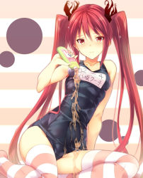 Rule 34 | 1girl, bare shoulders, black one-piece swimsuit, blush, bottle, collarbone, cthugha (nyaruko-san), female focus, haiyore! nyaruko-san, kanata (kanata onion), long hair, looking at viewer, lotion, lotion bottle, one-piece swimsuit, red eyes, red hair, school swimsuit, shiny clothes, sitting, skindentation, smile, solo, striped clothes, striped thighhighs, swimsuit, thighhighs, twintails, very long hair