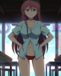 Rule 34 | 1girl, asami lilith, beach, bikini, blue eyes, bow, breasts, cleavage, hands on own hips, highres, large breasts, legs, long hair, navel, ocean, red bow, red eyes, serious, shirt, stitched, swimsuit, thighs, third-party edit, trinity seven, water