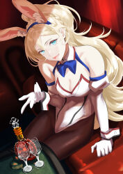 Rule 34 | 1girl, alcohol, alternate costume, alternate hairstyle, animal ears, aqua eyes, blonde hair, bottle, breasts, brown pantyhose, cleavage, couch, cup, drinking glass, elbow gloves, fake animal ears, gloves, hair between eyes, highres, kantai collection, leotard, lips, long hair, looking at viewer, medium breasts, mole, mole under eye, pantyhose, playboy bunny, ponytail, rabbit ears, richelieu (kancolle), shingyou (alexander-13), sitting, solo, very long hair, white gloves, white leotard, wine glass