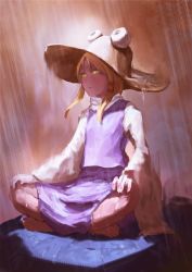 Rule 34 | 1girl, barefoot, blonde hair, blush, breasts, brown background, brown hat, closed mouth, commentary request, dress, fjsmu, hair ornament, hat, highres, long sleeves, looking up, moriya suwako, purple dress, rain, shadow, shirt, short hair, sitting, small breasts, solo, touhou, white shirt, wide sleeves, yellow eyes