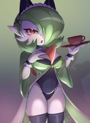 Rule 34 | 1girl, animal ears, artist name, black leotard, black thighhighs, bob cut, breasts, cat ears, choker, colored skin, cowboy shot, creatures (company), cup, dress, drink, existenc3, fake animal ears, female focus, frilled leotard, frills, game freak, gardevoir, gen 3 pokemon, gloves, gradient background, green background, green dress, green hair, hair ornament, hair over one eye, half-closed eyes, hands up, highres, holding, holding cup, holding drink, holding tray, leotard, leotard under clothes, long sleeves, looking at viewer, maid headdress, medium breasts, mole, mole under eye, nintendo, open clothes, open dress, open mouth, pokemon, pokemon (creature), red eyes, short hair, signature, simple background, solo, standing, teacup, thighhighs, thighs, tray, underlighting, white gloves, white skin, wide sleeves, x hair ornament