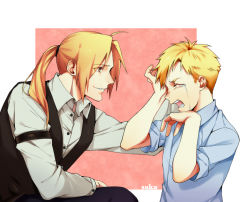 Rule 34 | 2boys, alphonse elric, artist name, blonde hair, blue shirt, brothers, child, crying, edward elric, formal, fullmetal alchemist, long hair, looking at another, male focus, multiple boys, open mouth, pink background, ponytail, saka (724596338), shirt, short hair, siblings, sleeve garter, smile, suit, tears, time paradox, white background