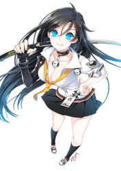 Rule 34 | 1girl, black gloves, black hair, black socks, blue eyes, breasts, chkuyomi, choker, cleavage, closers, collarbone, downblouse, fang, fingerless gloves, full body, gloves, hair ornament, hairclip, hand on own hip, large breasts, lock, long hair, looking at viewer, necktie, over shoulder, perspective, shoes, signature, single glove, skirt, smile, sneakers, socks, solo, standing, sword, undone necktie, very long hair, weapon, weapon over shoulder, white background, yuri seo