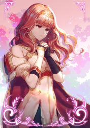 Rule 34 | armlet, armor, arms up, blunt bangs, breastplate, cape, celica (fire emblem), coat, commentary request, cowboy shot, detached sleeves, earrings, fire emblem, fire emblem echoes: shadows of valentia, fire emblem gaiden, fujikawa arika, gold trim, hair ornament, high collar, highres, jewelry, leaf, leaf background, long hair, looking away, nintendo, open mouth, pink background, red cape, red eyes, red hair, sad, sidelocks, solo, teardrop, tears, tiara, white coat