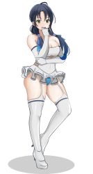 Rule 34 | 1girl, adapted costume, aged up, alternate breast size, baji toufuu (bajitohfu), blue hair, blush, breasts, dress, elbow gloves, female pubic hair, finger to mouth, frilled skirt, frills, full body, garter straps, gloves, green eyes, highres, kantai collection, latex, latex thighhighs, long hair, looking at viewer, medium breasts, open mouth, pubic hair, simple background, skirt, solo, suzukaze (kancolle), thighhighs, white background, white dress, white gloves, white thighhighs