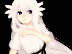 Rule 34 | 1girl, black background, black ribbon, blue eyes, dress, ender lilies quietus of the knights, expressionless, hair between eyes, hair ornament, lily (ender lilies), long hair, looking at viewer, matcha cake, ribbon, simple background, sketch, solo, upper body, very long hair, white dress, white hair