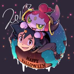 Rule 34 | 1boy, alternate costume, ame (ame025), ash ketchum, black gloves, black hair, brown eyes, collar, commentary request, creatures (company), doughnut, fang, fingerless gloves, food, game freak, gen 6 pokemon, gloves, grey hoodie, halloween, happy halloween, hood, hoodie, hoopa, hoopa (confined), legendary pokemon, looking at viewer, male focus, mythical pokemon, nintendo, open mouth, outline, pokemon, pokemon (anime), pokemon (creature), short hair, smile, tongue