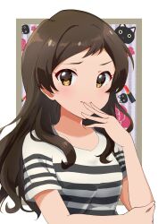 Rule 34 | 1girl, black cat, breasts, brown eyes, brown hair, cat, closed mouth, commentary, flower, hand to own mouth, highres, idolmaster, idolmaster million live!, idolmaster million live! theater days, kitazawa shiho, light blush, lipstick, long hair, looking at viewer, makeup, medium breasts, purple background, rose, shirt, short sleeves, solo, striped clothes, striped shirt, twwibql2kktg5am, upper body, white shirt