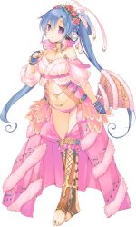 Rule 34 | 1girl, :o, barefoot, beamed quavers, between toes, blue hair, bracelet, breasts, bridal gauntlets, bright pupils, cleavage, dancer, dress, dungeon travelers 2, feet, flat sign, flower, full body, hair flower, hair ornament, highres, ist, ist (dungeon travelers), jewelry, kokonoka, long hair, musical note, musical note print, navel, official art, purple eyes, quaver, solo, staff (music), toe ring, toeless legwear, toes, transparent background, twintails