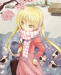 Rule 34 | 1girl, bad id, bad pixiv id, bird, blonde hair, branch, fang xue jun, green eyes, hand on own hip, hayate no gotoku!, hip focus, holding, long hair, sanzen&#039;in nagi, scarf, scarf over mouth, school uniform, solo, striped clothes, striped scarf, twintails