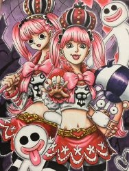 Rule 34 | 2girls, :p, artist request, blush, breasts, cosplay, crown, devil fruit, ghost, highres, holding, holding umbrella, horo horo no mi, lips, long hair, looking at viewer, multiple girls, navel, one piece, perona, perona (cosplay), pink hair, realistic, squatting, striped legwear, stuffed animal, stuffed toy, thighhighs, thighs, tongue, tongue out, twintails, umbrella, very long hair, wide hips, yoshioka riho