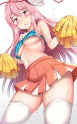 Rule 34 | 1girl, adapted costume, bare shoulders, blue shirt, blush, breasts, cheerleader, cowboy shot, crop top, fox mask, from below, hair between eyes, hands up, hata no kokoro, highres, holding, holding pom poms, leaning forward, legs apart, long hair, looking at viewer, looking down, mask, mask on head, medium breasts, midriff, miniskirt, nagomian, navel, no bra, open mouth, parted lips, pink eyes, pink hair, plaid, plaid shirt, pleated skirt, pom pom (cheerleading), pom poms, shirt, simple background, skirt, sleeveless, solo, standing, stomach, sweat, thighhighs, thighs, touhou, underboob, very long hair, white thighhighs