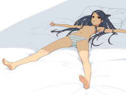 Rule 34 | 1girl, armpits, barefoot, bed sheet, blue hair, feet, flat chest, hair censor, hair ornament, hair over breasts, hairclip, highres, ino (magloid), legs, long hair, looking at viewer, lying, mochizuki nonoka, navel, on back, otome function, outstretched arms, panties, panties only, pillow, sketch, soles, solo, spread arms, spread legs, striped clothes, striped panties, topless, underwear, underwear only