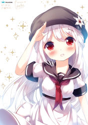 Rule 34 | 1girl, :d, arm up, bad id, bad pixiv id, black hat, black sailor collar, blush, breasts, cabbie hat, chinomaron, commentary request, dated, dress, flower, hair between eyes, hat, hat flower, head tilt, highres, long hair, looking at viewer, neckerchief, open mouth, original, red eyes, red neckerchief, sailor collar, sailor dress, salute, short sleeves, signature, silver hair, simple background, small breasts, smile, solo, sparkle, upper body, very long hair, white background, white dress, white flower