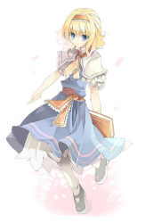 Rule 34 | 1girl, alice margatroid, blonde hair, blue dress, blue eyes, bobby socks, dress, female focus, fruit punch, full body, hairband, looking at viewer, mary janes, shoes, simple background, socks, solo, standing, touhou, white background, white socks