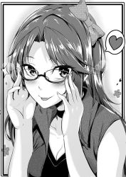 Rule 34 | 1girl, :p, abigail (stardew valley), adjusting eyewear, bespectacled, breasts, choker, cleavage, glasses, greyscale, hair ribbon, hasaya, heart, looking at viewer, monochrome, ribbon, smile, solo, spoken heart, stardew valley, tongue, tongue out
