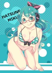Rule 34 | 1girl, :q, alternate hairstyle, bad id, bad pixiv id, bikini, breasts, cleavage, glasses, green eyes, green hair, hatsune miku, headphones, headset, large breasts, long hair, matching hair/eyes, nobeko, ponytail, solo, sunglasses, swimsuit, tongue, tongue out, vocaloid